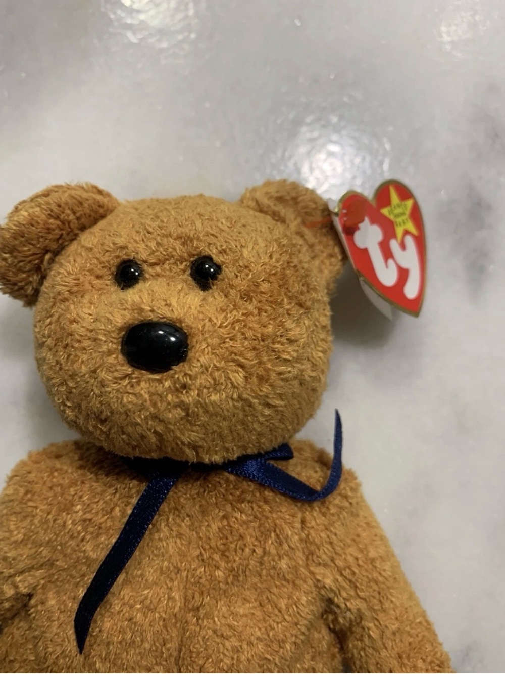 TY Brown Plush Teddy Bear with Navy Ribbon - Classic Beanie-Style Toy Fuzz